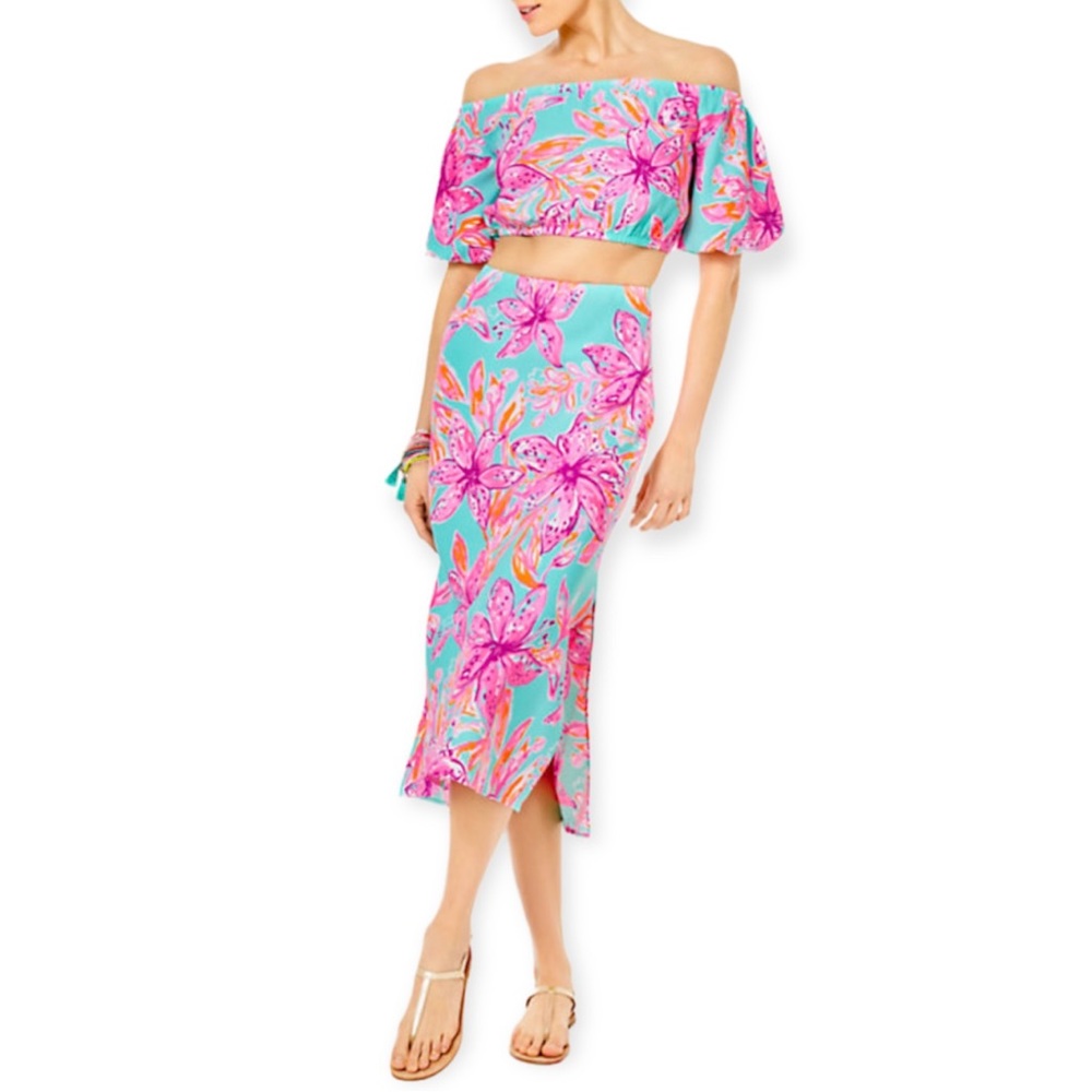 LILLY PULITZER Esmeray Set Surf Blue Bonita Blooms Skirt Puff Sleeve Crop Top - Picture 2 of 13
